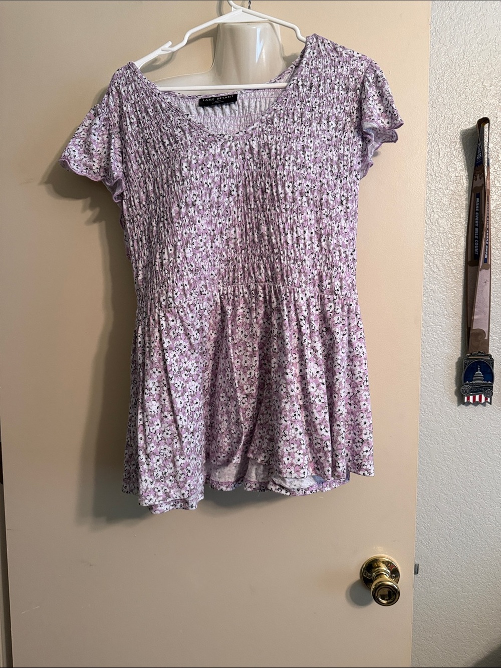 Lane Bryant Lavender Floral Smocked Short Flutter Sleeve Tunic
